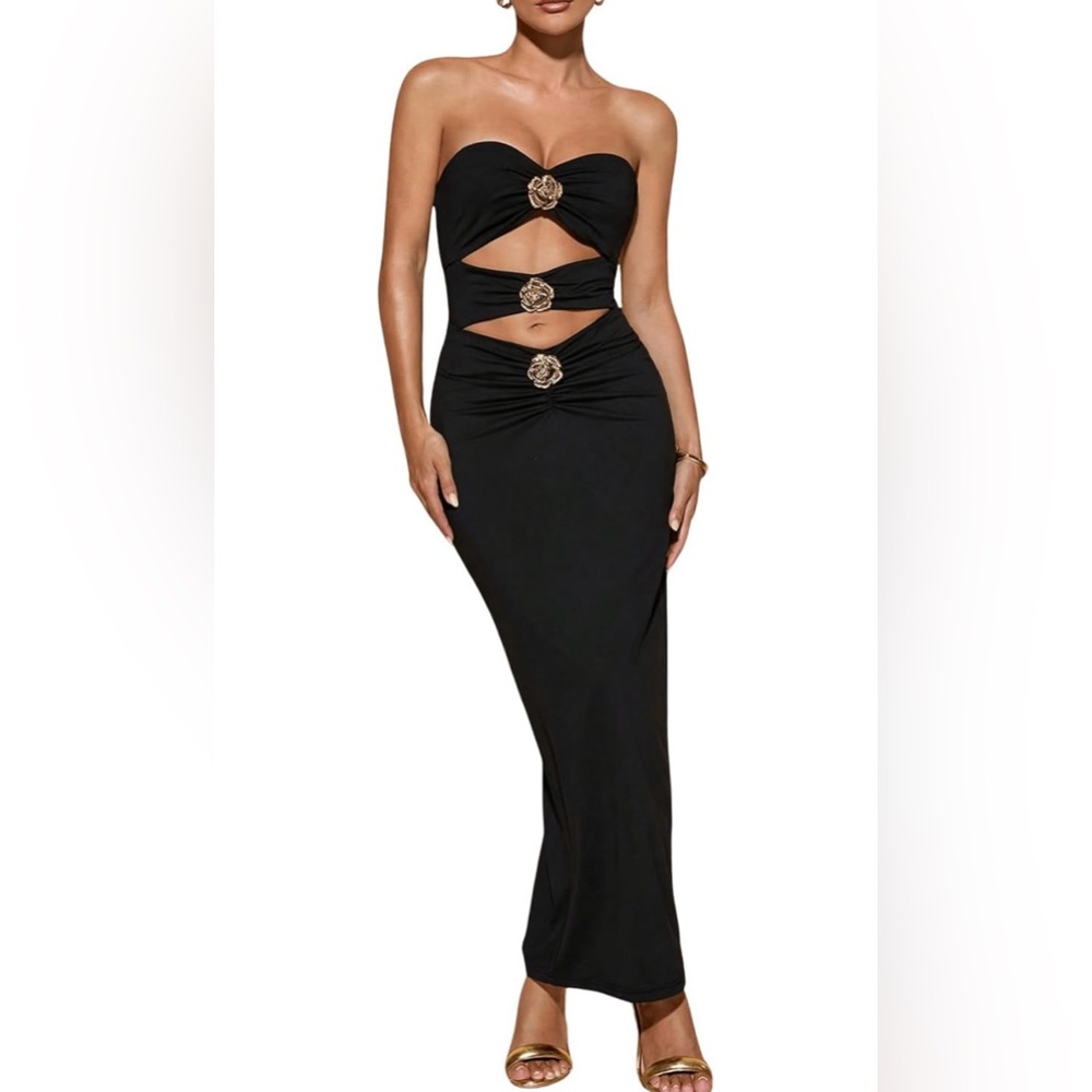 Strapless Ruched Cutout Dress with Gold Metal Flowers